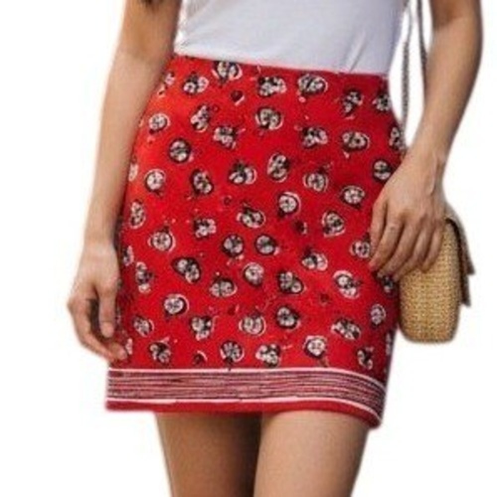 TALBOTS Red Ladybug Print Mini Skirt‎ Striped Border Hem EUC Size 2P